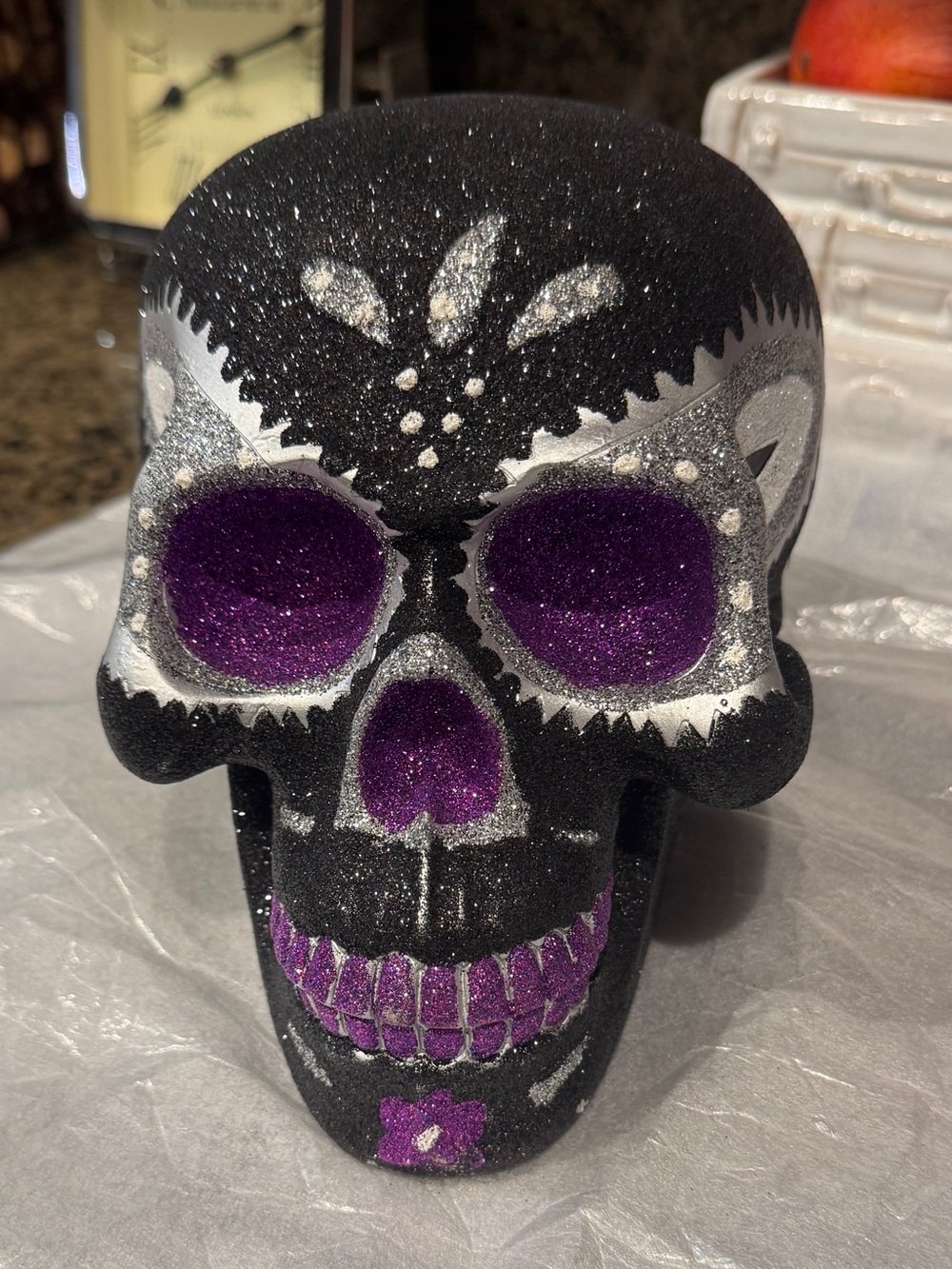 Glitter Sugar Skull Decoration in Black and Purple
